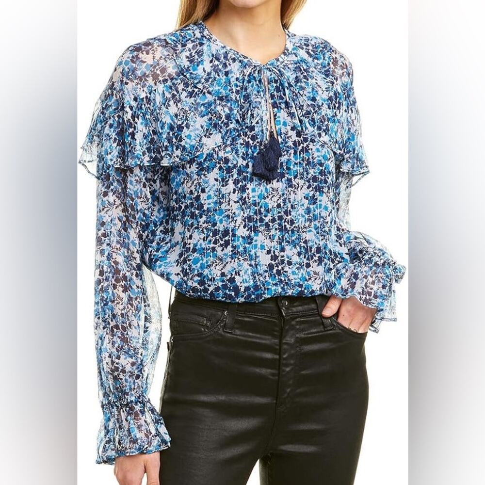 NWT Ramy Brook Celeste Blue Floral Printed Tassel Ruffle Sheer Blouse Size Small